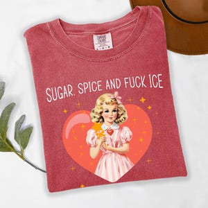 May include: Red Comfort Colors t-shirt with the text "SUGAR, SPICE AND FUCK ICE". The shirt features a vintage illustration of a girl inside a heart. The girl is wearing a pink dress and holding a star wand.