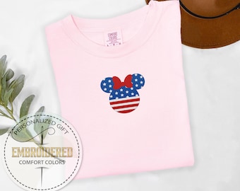 Embroidery USA Flag Disney, July 4th Disney, Minnie Mickey Tee, Disney USA Tshirt, Patriotic Day Tshirt, Comfort Colors Tshirt, USA Mickey