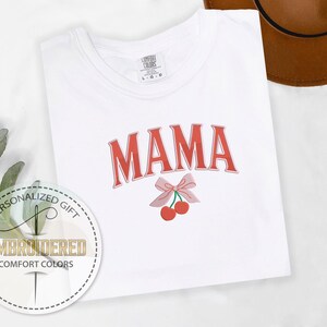 Embroidery Cherry Shirt, Mama Tshirt, Coquette Bow Shirt, Cute Mama Tshirt, Comfort Colors Shirt, Embroidered Mother Day Tshirt