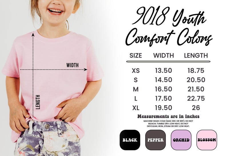 May include: A child wearing a pale pink t-shirt. The image includes a size chart with measurements in inches. Sizes range from XS to XL, with width and length dimensions. Available colours are black, pepper, orchid, and blossom.