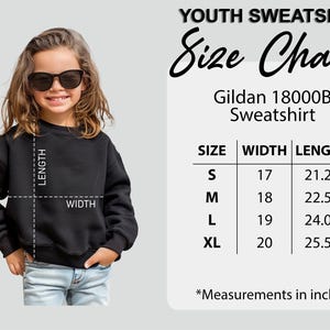 May include: A black youth sweatshirt with a size chart. The chart shows measurements in inches for sizes S, M, L, and XL. The sweatshirt is from Gildan, style 18000B. The image shows a child wearing the sweatshirt.