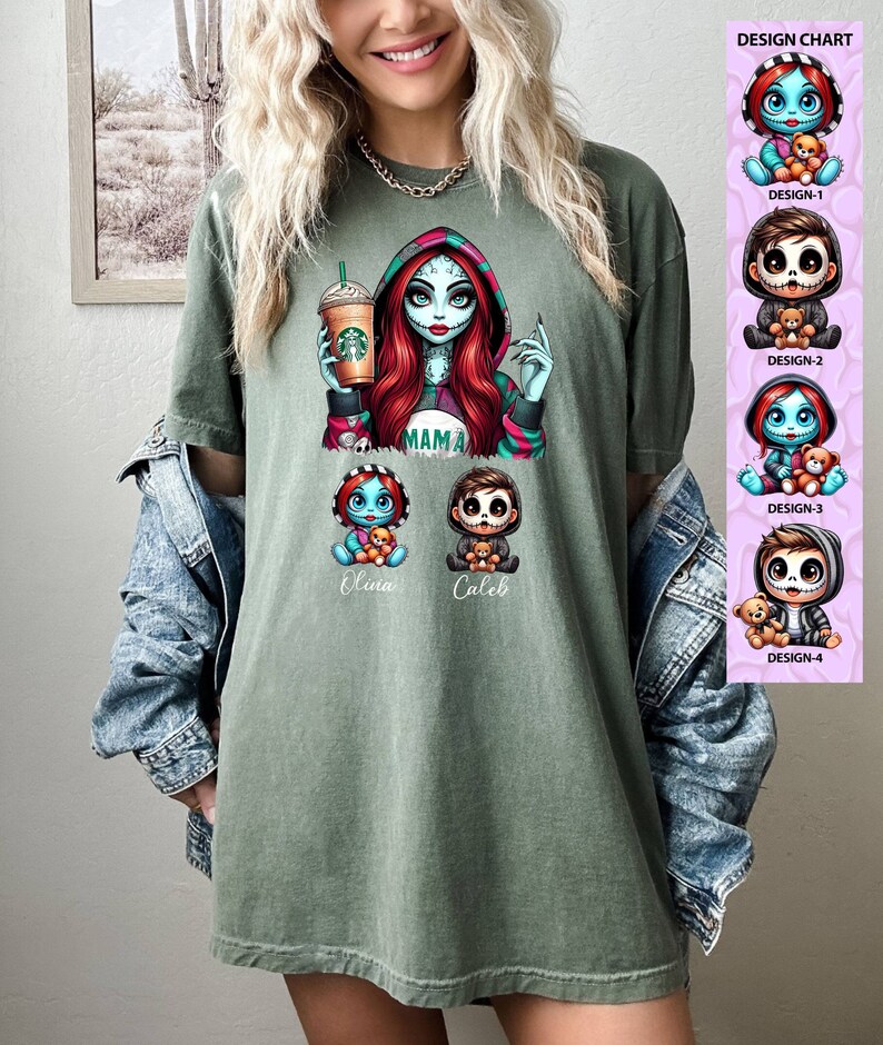 May include: Green t-shirt with a cartoon image of a woman with red hair and a green and black outfit holding a coffee cup. Below the woman are two smaller cartoon images of children with the names "Oliva" and "Caleb" written below them. The text "MAMA" is written on the woman's shirt. The t-shirt is shown on a model wearing a denim jacket.