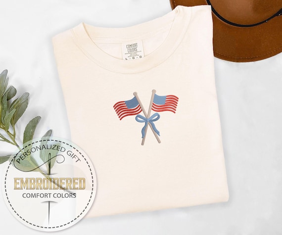 Embroidery America Shirt, Embroidered July 4th Tee, American Flag Tshirt, Comfort Colors Tee, USA Coquette Tshirt, Red White Blue Tee