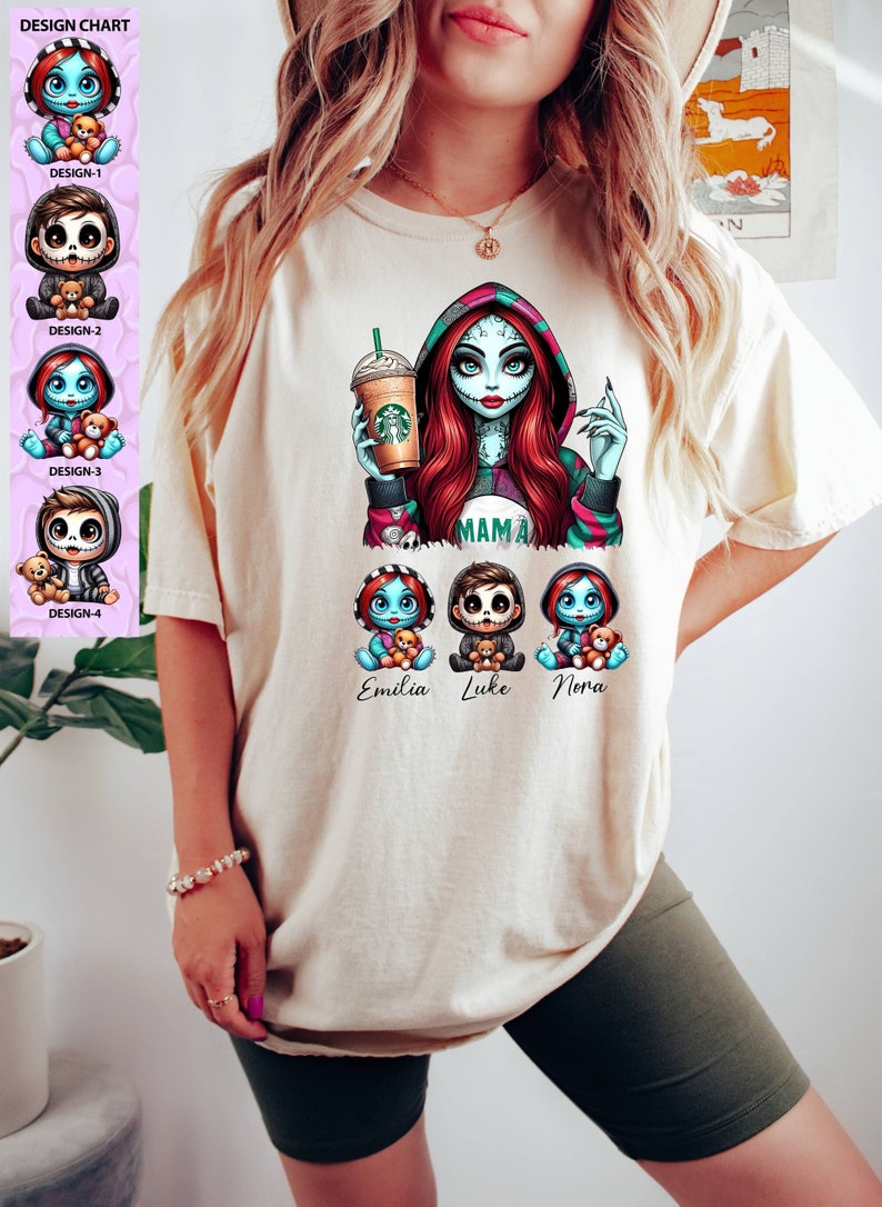 May include: A white t-shirt with a graphic of a cartoon woman with red hair and blue skin holding a coffee cup. The text "MAMA" is below the woman. Below the text are three cartoon children with blue skin and the names "Emilia", "Luke", and "Nora" written below them.