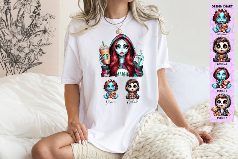 May include: White t-shirt with a cartoon image of a woman with red hair holding a coffee cup. The text "MAMA" is below the woman. Below the woman are two smaller cartoon images of children with the text "Olina" and "Caleb" below them.