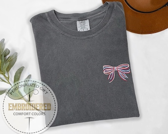 Embroidery American Bow Tee, Independence Day Tshirt, Embroidered Coquette Tee, 4th of July Shirt, Comfort Colors Tee, Patriotic Shirt