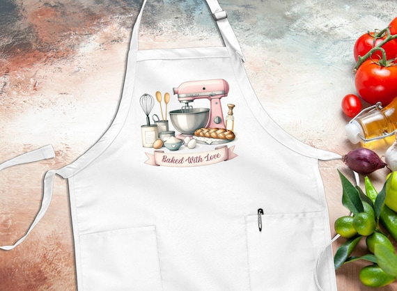 Baked With Love Apron, Kitchen Accessor Apron, Pink Baking Mixer, Gift For Mom, Baker Apron, Kitchen Utensils Apron, Funny Apron Gift