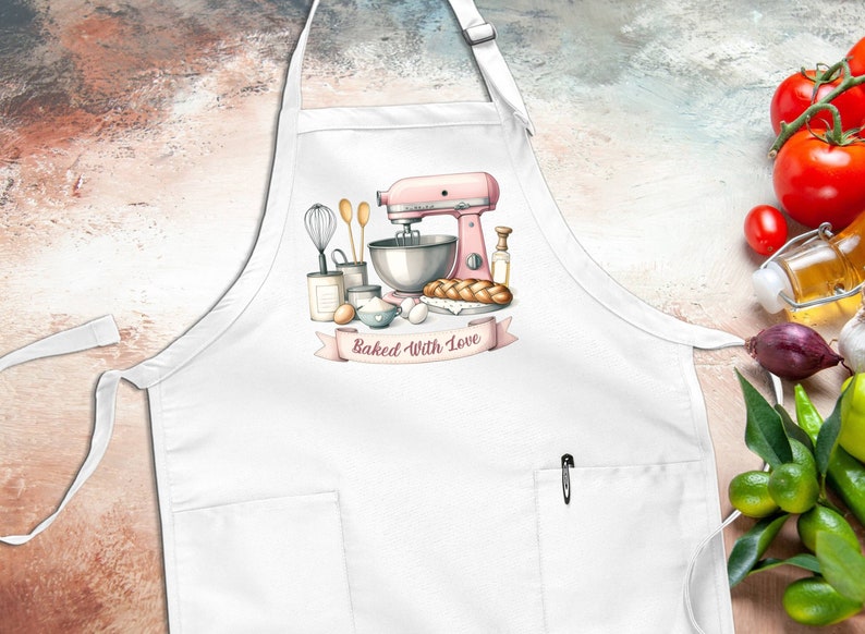 May include: White kitchen apron with a pink stand mixer, a loaf of bread, and other baking supplies. The apron has a pocket and the text "Baked With Love" on a pink ribbon.