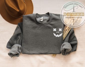 Embroidered 10 Different Halloween Pumpkin Face Designs Sweatshirt, Embroidered Jackolantern Sweatshirt, Spooky Season Sweater, Fall Apparel