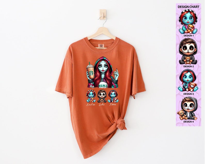 May include: Orange t-shirt with a graphic of a woman with red hair and a black and white striped dress holding a coffee cup. The woman is surrounded by three smaller figures with the names "Emilia", "Luke", and "Nora" written below them. The text "MAMA" is written on the woman's dress.