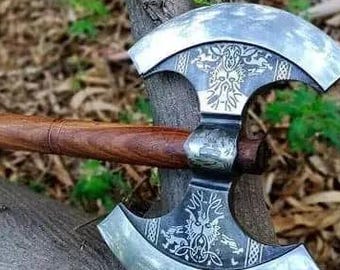 Hand Forged Double Headed Viking Axe, Rosewood Handle, Leather Sheath