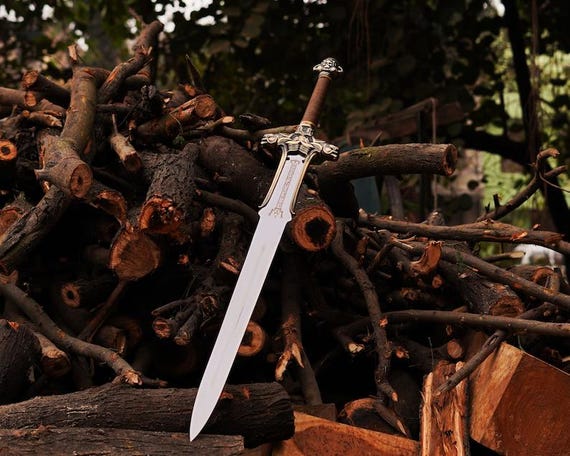 Hand Forged Conan Barbarian Sword, Engraved Steel Blade, Leather Sheath