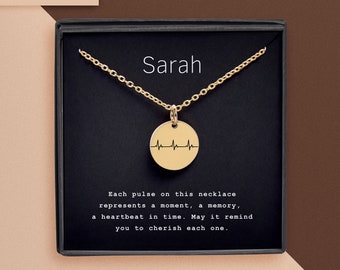 Actual Heartbeat Necklace with Personalized Notecard, Custom Jewelry with ECG for Her, Personalized EKG Necklace, Heartbeat Disk Pendant
