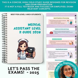 May include: A spiral-bound study guide titled "Medical Assistant Level II Guide 2026" with an illustration of a medical assistant. The guide includes the text "Let's Pass the Exams! - 2025" and focuses on exam preparation.