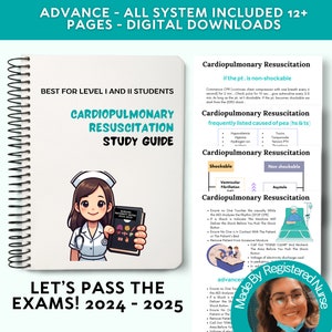 May include: A study guide for cardiopulmonary resuscitation (CPR) with a cartoon illustration of a nurse holding a book. The guide includes information on shockable and non-shockable rhythms, frequently listed causes of pulseless electrical activity (PEA), and steps for performing CPR. The text "Let's Pass The Exams! 2024 - 2025" is at the bottom of the page.