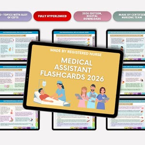 May include: A collection of digital flashcards for medical assistants, 2026 edition. The central tablet displays "Medical Assistant Flashcards 2026" with illustrations of medical professionals and patients. Additional tablets show medical topics. The image includes text: "Made by Registered Nurse".