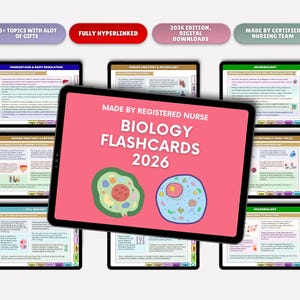 May include: Digital biology flashcards for 2026, created by a registered nurse. The pink flashcard displays "BIOLOGY FLASHCARDS 2026" and cell diagrams. Other flashcards cover topics such as anatomy and microbiology.