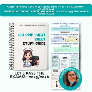 May include: A spiral-bound study guide titled "ICU Drip Cheat Sheet Study Guide" with an illustration of a nurse. The guide is accompanied by a sheet with medical information. Text includes "Let's Pass The Exams! - 2025/2026".