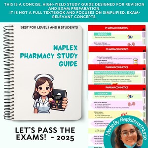 May include: A spiral-bound study guide titled "NAPLEX Pharmacy Study Guide" with the text "Best for Level I and II Students." The cover features a cartoon nurse holding a book. Additional text includes "Let's Pass the Exams! - 2025."