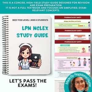 May include: A spiral-bound LPN NCLEX study guide featuring a cartoon nurse holding a book. The cover text reads: BEST FOR LEVEL I AND II STUDENTS, LPN NCLEX STUDY GUIDE. The guide includes pages on pharmacology safety, prioritization care, and nursing processes.