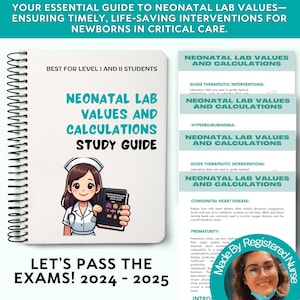 May include: A study guide for neonatal lab values and calculations. The cover features a cartoon nurse holding a book with the title "Neonatal Pharmacology & Physiology". The text "Let's Pass the Exams! 2024 - 2025" is at the bottom of the cover. The guide is best for level I and II students.