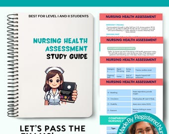 May include: A study guide for nursing students featuring a cartoon nurse holding a book titled "Pharmacology for Nursing Practice". The guide includes information on nursing health assessments, documentation examples, and a comparison of nursing assessments. The text "Let's Pass the Exams! - 2025" is at the bottom of the page.