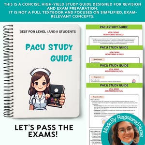 May include: A spiral-bound PACU study guide for nursing students featuring a cartoon nurse holding a textbook. The cover includes the text PACU STUDY GUIDE and BEST FOR LEVEL I AND II STUDENTS. Several pages show vital signs monitoring content.