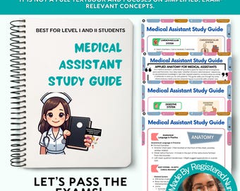 May include: A spiral-bound Medical Assistant Study Guide with a white cover featuring a cartoon nurse holding a black book. The text reads: BEST FOR LEVEL I AND II STUDENTS, MEDICAL ASSISTANT STUDY GUIDE, and LET'S PASS THE EXAMS.