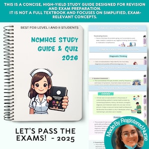 May include: A spiral-bound NCMHCE study guide and quiz 2026 book featuring a cartoon nurse holding a small book. The cover includes the text NCMHCE STUDY GUIDE & QUIZ 2026 and BEST FOR LEVEL I AND II STUDENTS. The guide includes clinical case conceptualization pages.