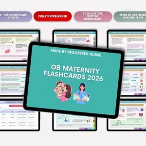 May include: A collection of digital flashcards for OB Maternity in 2026. The central tablet displays "OB MATERNITY FLASHCARDS 2026" with illustrations of a mother and baby, and a nurse. Additional tablets show topics like "Foundations of Maternal-Newborn Nursing".