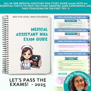 Può includere: Una guida allo studio per l'esame di assistente medico con il titolo "Medical Assistant NHA Exam Guide" e il testo "Let's Pass the Exams! - 2025". La guida include informazioni su procedure cliniche, assistenza ai pazienti ed ECG.