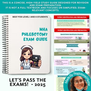 Puede incluir: Una guía de estudio con espiral titulada "NHA Phlebotomy Exam Guide" con una ilustración de enfermera. La guía incluye el texto "¡Aprobar los exámenes! - 2025" y "Best for Level I and II Students". Diseñada para la preparación de exámenes.