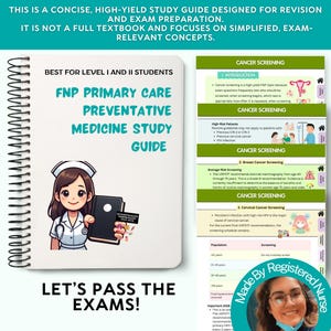 May include: A spiral-bound FNP Primary Care Preventative Medicine study guide with a white cover featuring a cartoon nurse holding a book. The text reads: BEST FOR LEVEL I AND II STUDENTS, FNP PRIMARY CARE PREVENTATIVE MEDICINE STUDY GUIDE.