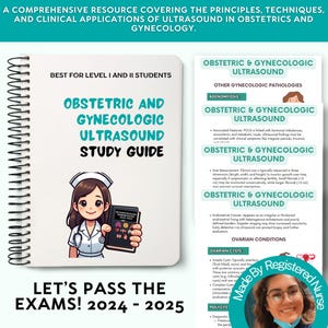 May include: A study guide for obstetric and gynecologic ultrasound, featuring a cartoon nurse holding a book. The cover reads "Obstetric and Gynecologic Ultrasound Study Guide." Text at the bottom says "Let's Pass the Exams! 2024-2025."