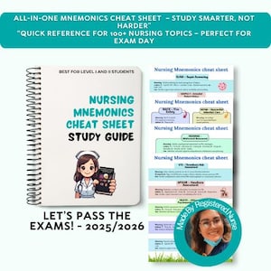 May include: A spiral-bound nursing mnemonics cheat sheet and a separate sheet with nursing topics. The cover reads "Nursing Mnemonics Cheat Sheet Study Guide" with a cartoon nurse. Text includes "Let's Pass the Exams! - 2025/2026".