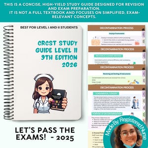 May include: A spiral-bound study guide with the text "CRCST Study Guide Level II 9th Edition 2026" and an illustration of a nurse. Additional text includes "Let's Pass the Exams! - 2025" and information on decontamination.