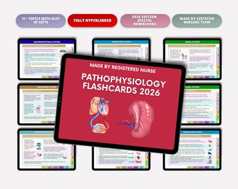 Op de afbeelding: Digitale flashcards voor verpleegkundestudenten. De centrale tablet toont "PATHOPHYSIOLOGY FLASHCARDS 2026" met anatomische illustraties. Extra tablets tonen onderwerpen zoals het gastro-intestinale en renale systeem. De afbeelding bevat de tekst "15+ TOPICS WITH ALOT OF GIFTS".