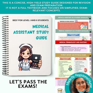 May include: A spiral-bound medical assistant study guide with a white cover featuring a cartoon nurse holding a book. The text reads Medical Assistant Study Guide, Best for Level I and II Students, and Let's Pass the Exams. Includes study notes.