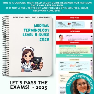 Puede incluir: Una guía de estudio con encuadernación en espiral titulada Medical Terminology Level II Guide 2026 con una enfermera de dibujos animados sosteniendo un libro. La portada incluye texto sobre preparación de exámenes y Let's Pass The Exams! - 2025.