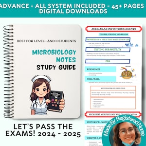 Puede incluir: Una guía de estudio para notas de microbiología, con una enfermera de dibujos animados sosteniendo un libro con el título "Microbiology Notes Study Guide". La guía es ideal para estudiantes de nivel I y II e incluye más de 45 páginas de descargas digitales. El texto "Let's Pass The Exams! 2024 - 2025" está en la parte inferior de la página.