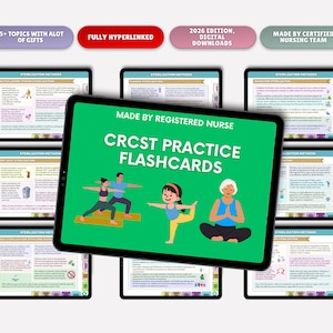 May include: A collection of digital flashcards on tablets, with the title "CRCST Practice Flashcards" on the main tablet. The image includes text such as "Made by Registered Nurse" and "2026 Edition, Digital Downloads". The flashcards cover topics with gifts.