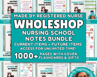 May include: A colorful digital product bundle for nursing students. The bundle includes 1000+ pages of notes, flashcards, and gifts. The text "Made by Registered Nurse Wholeshop" is in a large, bold font. The text "Nursing School Notes Bundle" is in a smaller, bold font. The text "Current Items + Future Items Access for Unlimited Time!" is in a smaller, regular font. The text "1000+ Pages with Cover, Flashcards & Gifts" is in a large, bold font.
