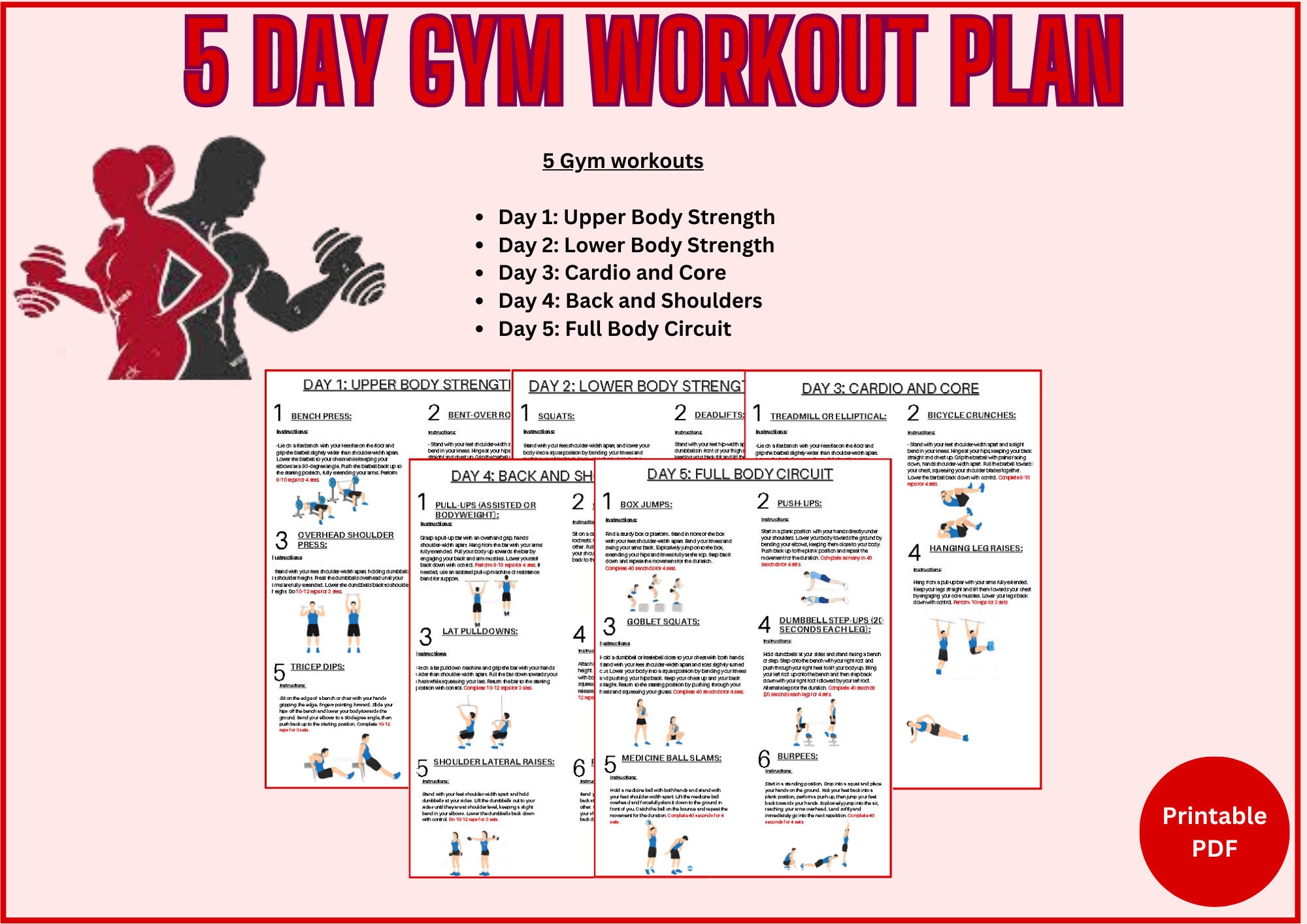 5 Day Gym Workout Plan for Strength Training Its a Full Fitness Program digital Download Etsy