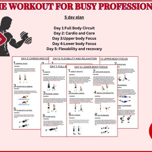 May include: A printable PDF workout plan for busy professionals. The plan includes a 5-day schedule with exercises for full body, cardio, core, upper and lower body, and flexibility. The image features illustrations of exercises.