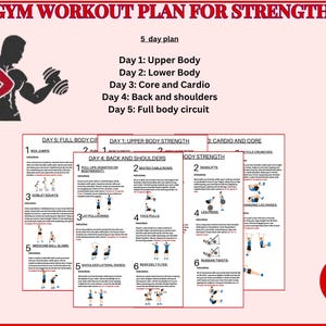 Puede incluir: Un plan de entrenamiento de fuerza en el gimnasio de 5 días imprimible. El plan incluye ejercicios para la parte superior del cuerpo, la parte inferior del cuerpo, el core y el cardio, la espalda y los hombros, y un circuito de cuerpo completo. El entrenamiento de cada día se divide en 6 ejercicios con ilustraciones de cada ejercicio.
