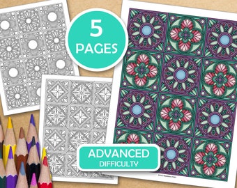 Part 5- Advanced Mandala For Meditative Coloring: 5 Pages with Tiled Mandala Patterns To Color. PDF files ready to print