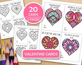 Color Your Own Valentine's Day Cards : 20 Mandala Themed Valentine's Day Cards to print, color, cut, and hand out (PDF)