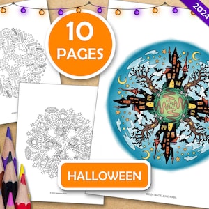 May include: A set of 10 printable Halloween coloring pages featuring intricate mandala designs. The designs include spooky houses, bats, and other Halloween imagery. The pages are perfect for adults and children who enjoy coloring.