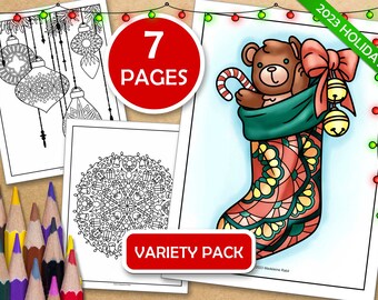 Christmas Variety Pack : 7 Mindfulness Coloring Pages To Celebrate the Holidays, PDF files ready to print