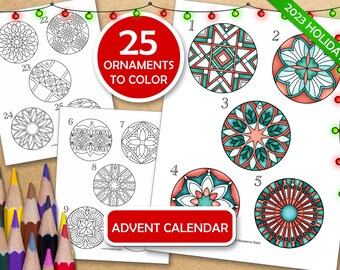 Christmas Advent Calendar : 25 DIY Ornaments to Color While Counting Down to Christmas, PDF files ready to print
